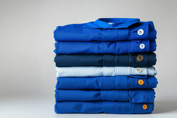 Stacked shirts in different shades of blue, neatly folded with visible buttons, arranged for a clean, organized look.
