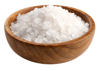 Round wooden bowl filled with coarse white sea salt crystals, natural seasoning with rough translucent texture, isolated on transparent background.
