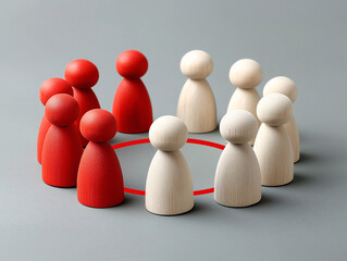 Obraz premium Wooden Figurines in Group Dynamics, Portraying Social Exclusion with Raw Emotion