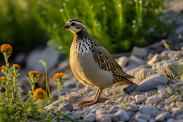 Tan Quail Perched on Rocks Amongst Orange Flowers