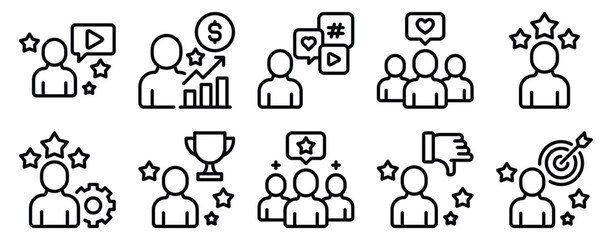 Influencer Icon Set Line Style Collection representing social media presence and digital engagement suitable for marketing campaigns content creation and branding platforms