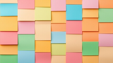 A vibrant arrangement of colorful sticky notes in various shades, creating a visually appealing pattern ideal for organization and brainstorming.