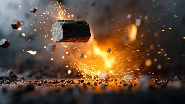 Dynamic Explosion Of Dark Particles and Bright Orange Sparks Against Dark Background
