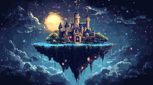 Pixel art sticker logo of a pixelized floating castle in the night sky. Floating Castle. Illustration
