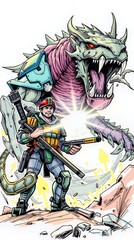 The soldier and the Dragon: A futuristic battle unfolds in a vibrant comic book style illustration.