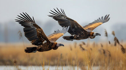 Obraz premium Two Brown Vultures in Flight Over Golden Grassland