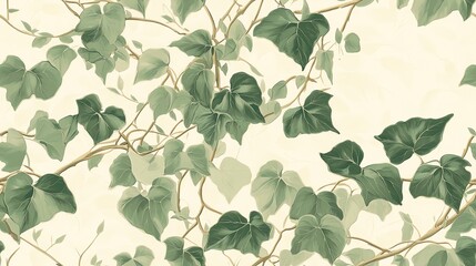 Green Ivy Plant Vines Illustration with Watercolor Texture on Beige Background