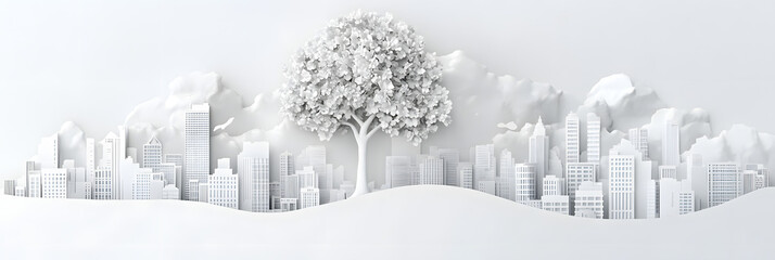 The person who knows. Tree, Achieve sustainable growth, World Environment Day. White eco urban city and nature landscape background paper art style.