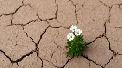 tiny white flower broke through dry cracked earth
