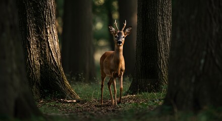 A young deer stands still on a forest path, surrounded by tall trees and bathed in soft natural light.