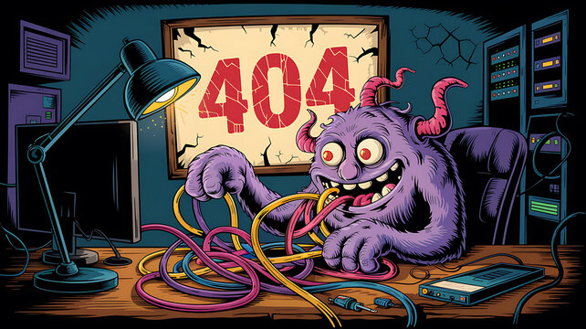 Purple monster tangled in wires 404 error on the wall with server racks in the background.