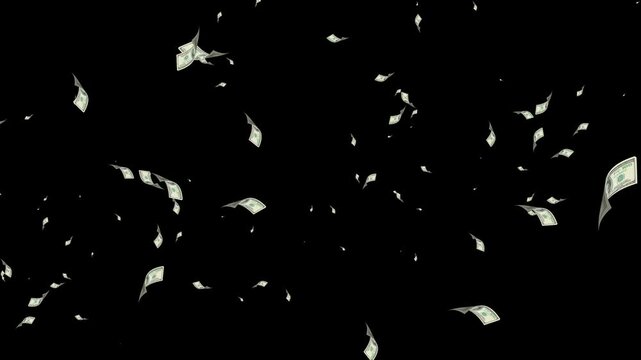 Money rain falling down, Rotating Dollar Bill on green screen, money fall animation effect black screen overly, 100 Dollar Bills black Screen. 3D Animation Money Rain, 100 USD