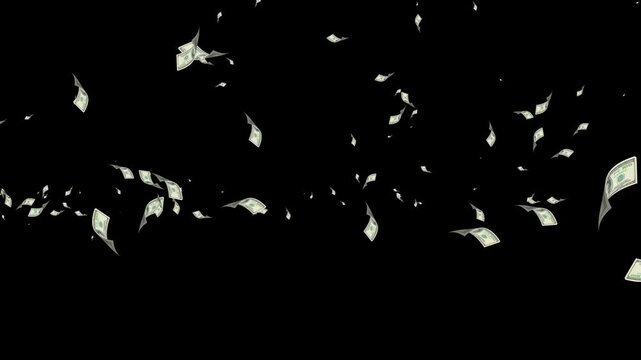 Money rain falling down, Rotating Dollar Bill on green screen, money fall animation effect black screen overly, 100 Dollar Bills black Screen. 3D Animation Money Rain, 100 USD