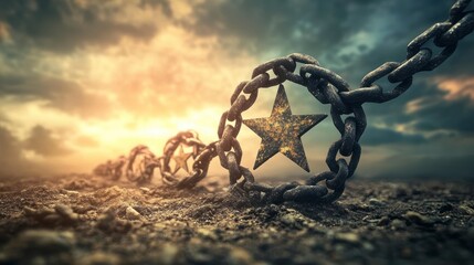 Rusty chains with stars embedded, stretching across barren landscape under dramatic sunset.