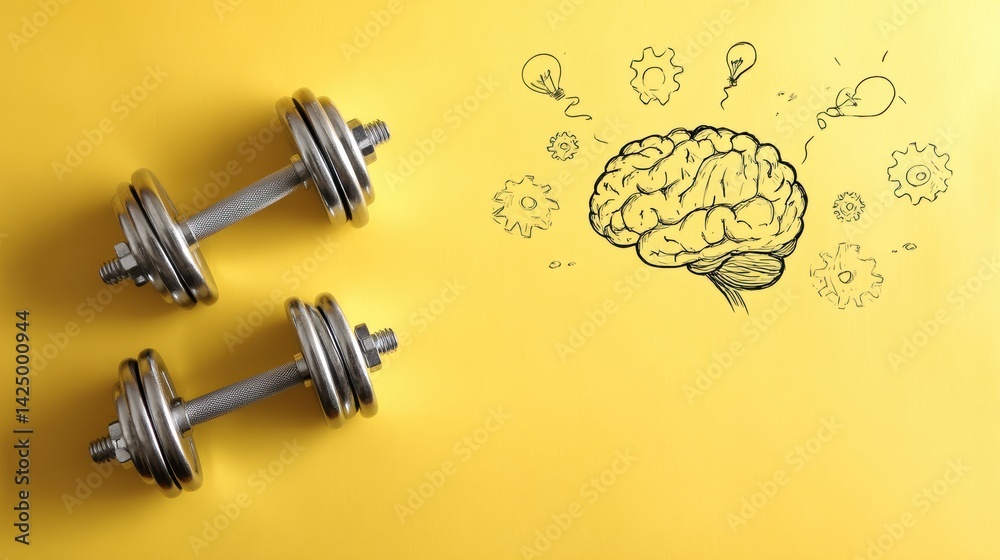 Poster brain training with dumbbells on sunny yellow backdrop enhances mental fitness and well-being throug