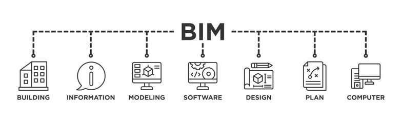 BIM banner web icon illustration concept for building information modeling with icon of building, information, modeling, software, design, plan, and computer