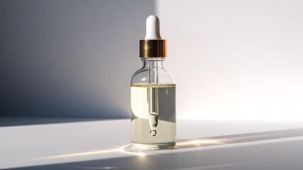 Naklejka premium Glass dropper bottle with golden accents filled with clear liquid illuminated by sunlight creating shadows.