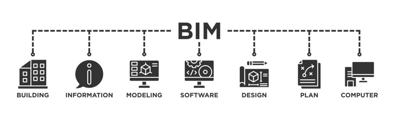 BIM banner web icon illustration concept for building information modeling with icon of building, information, modeling, software, design, plan, and computer