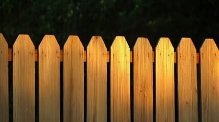 Fototapeta premium A wooden picket fence catches warm sunlight, creating a serene and inviting atmosphere with its elegant design and natural texture.