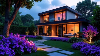 Fototapeta premium Modern Two-Story Home with Evening Illumination and Lush Landscaping Featuring a Stone Patio and Vibrant Purple Flowers