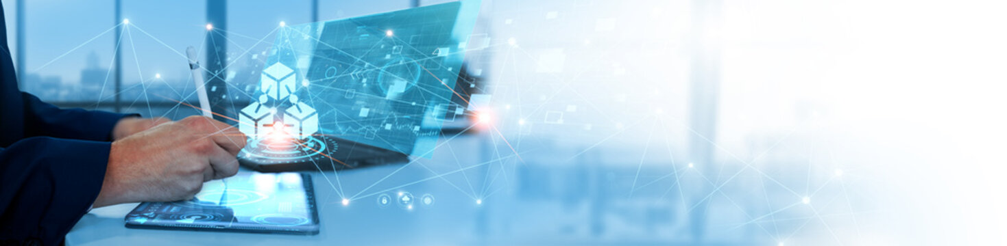 Blockchain Technology: Businessman analyzing and validating decentralized data for secure transactions and transparent operations, smart contract execution, distributed ledger management