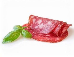 Obraz premium Delicious Slices of Salami with Fresh Basil Leaves on White Background Appetizing Food