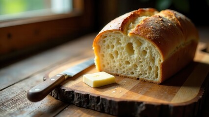A rustic loaf of freshly baked bread, partially sliced, rests on a wooden cutting board, accompanied by a pat of butter and a knife; a scene of simple culinary delight.
