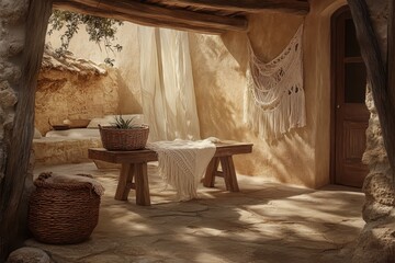 Sun-drenched outdoor patio, warm tones