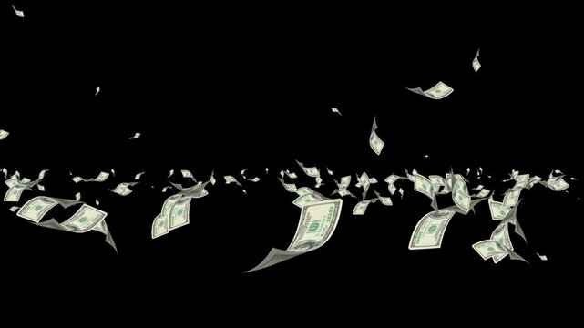 Money rain falling down, Rotating Dollar Bill on green screen, money fall animation effect black screen overly, 100 Dollar Bills black Screen. 3D Animation Money Rain, 100 USD