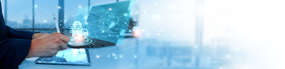 Distribution: Businessman analyzing and optimizing data for supply chain management, inventory...