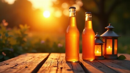 Golden Hour Beverages Beside Illuminated Lanterns on Rustic Wooden Table