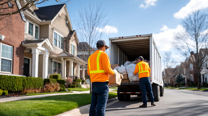 garbage removal in residential area, garbage men loading household rubbish in garbage truck
