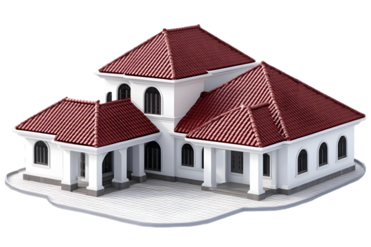 3D Illustration of a White House with Red Tiled Roof Isolated Background