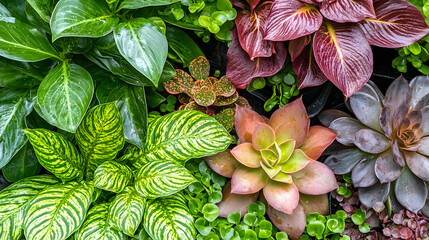 Fototapeta premium of succulents growing in harmony, displaying rich green, red, and orange hues under warm sunlight 