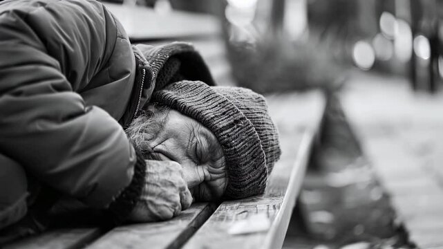 homeless man resting on a bench in the city, outdoor winter scene, urban lifestyle, peaceful street moment, sleeping, cold weather
