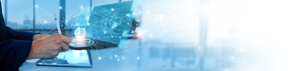Machine Learning: Businessman analyzing and processing data for predictive modeling and algorithm...
