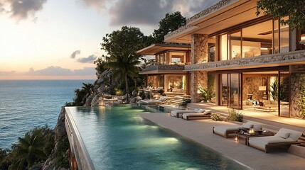 Cliffside infinity pool villa at sunset