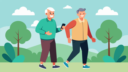 A pair of elderly men walk briskly through the park laughing and chatting as their fitness tracker counts their steps.. Vector illustration