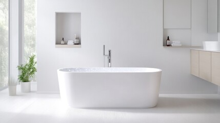 Fototapeta premium Modern, minimalist bathroom featuring a freestanding bathtub