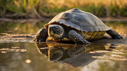 Fototapeta premium A close-up of a turtle basking by a calm water body, showcasing its beautiful shell and serene reflection.