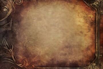 Fototapeta premium Vintage ornate textured frame background with warm brown and gold tones and decorative floral corners ideal for classic design antique themes or old book covers
