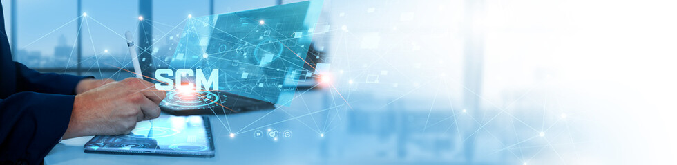 Supply Chain Management (SCM): Businessman analyzing and monitoring logistics data for inventory...