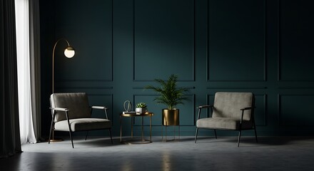 Interior design featuring two chairs, plant, lamp, and dark blue wall with paneling detail