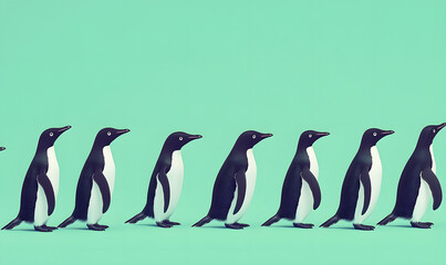 Penguins in a line on mint green