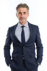 Confident Professional: A Man in His Early 40s, Wearing a Navy Blue Suit and Tie, Exuding Success and Authority in a Studio Portrait