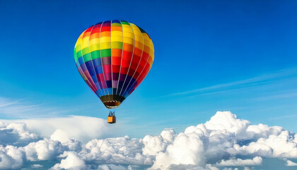 Fototapeta premium vibrant rainbow colored hot air balloon floats gracefully above fluffy white clouds against bright blue sky, creating serene and uplifting scene