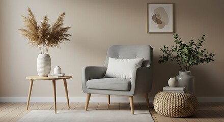 A modern interior featuring a gray chair, side table, plants, and neutral toned decor elements on the wall