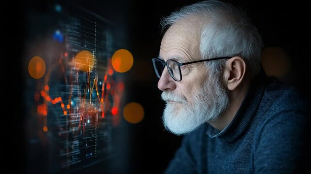Thoughtful elderly man analyzing data trends with digital graph display, focused on future insights and technology advancement - Powered by Adobe