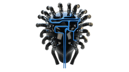 3D Rendered Abstract Black Metallic Shape with Blue Lines and Isolated Black Background