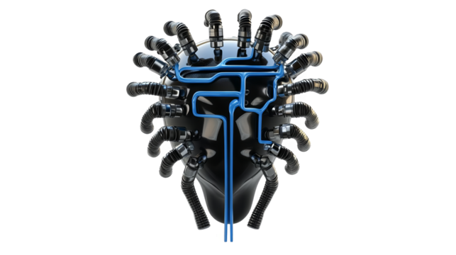 3D Rendered Abstract Black Metallic Shape with Blue Lines and Isolated Black Background